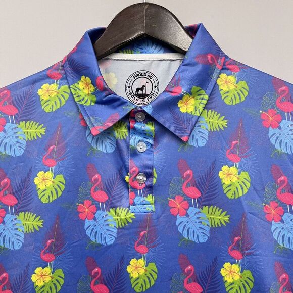 Proud 90 Men's Polo Shirt Golf is Fun Hawaiian Floral Flamingos Size Medium euc - Picture 2 of 5